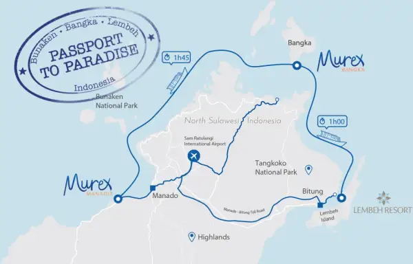 Karte für Sulawesi Backpacking: Route von Manado über Bangka nach Lembeh Island. Inklusive Flugzeit und Fährverbindungen.