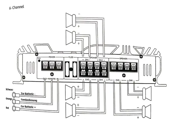 Schema di impianto stereo auto a 6 canali: collegamenti di alimentazione, fusibile, altoparlanti e controllo remoto.