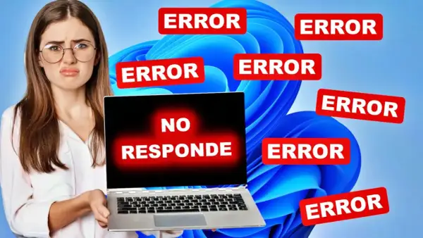 Mujer frustrada con laptop que no responde y múltiples errores. ¿Solución? Reiniciar controladores gráficos.