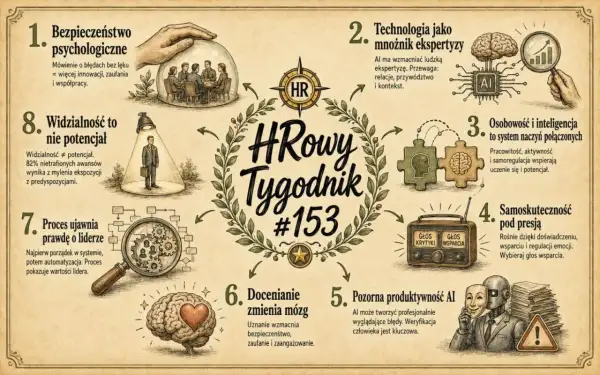 Grafika przedstawia osiem punktów dotyczących HR. Osoba skrupulatna doceniłaby te informacje.