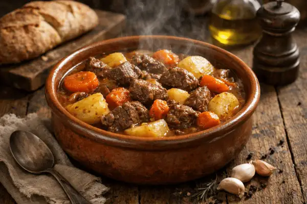 Un humeante estofado de ternera tradicional con patatas y zanahorias en una cazuela de barro, listo para servir.