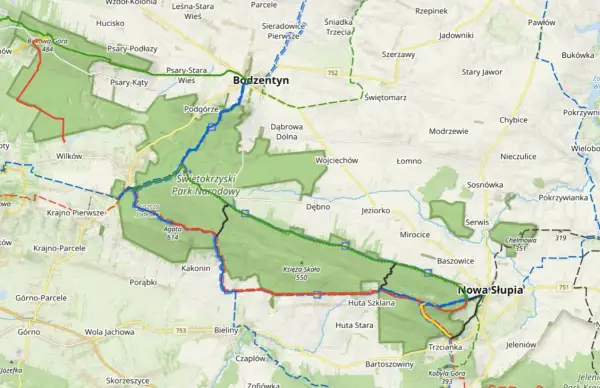 Mapa turystyczna z zaznaczonymi szlakami w Świętokrzyskim Parku Narodowym. Atrakcje przyrodnicze i punkty widokowe.