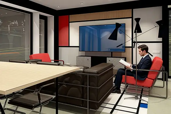 Man i kostym läser i en röd stol i ett rum med bauhaus inredningsstil. Mörkt lädersoffa, stort bord och tv.