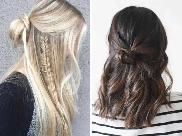 Zwei halb hochsteckfrisuren: Blond mit Zopf und Dutt, Brünett mit Knoten.
