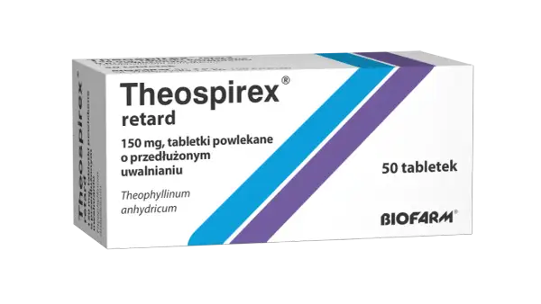 Opakowanie leku Theospirex retard, 150 mg, 50 tabletek powlekanych o przedłużonym uwalnianiu.