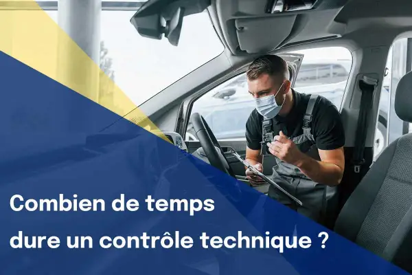Un mécanicien masqué examine un véhicule. La question "Combien de temps dure un contrôle technique ?" est affichée.