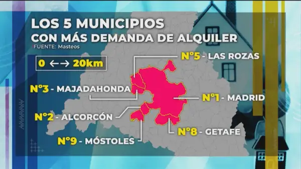 Mapa de Madrid destacando los 5 municipios con mayor demanda de alquiler, incluyendo Madrid capital. La rentabilidad del alquiler en Madrid es alta.