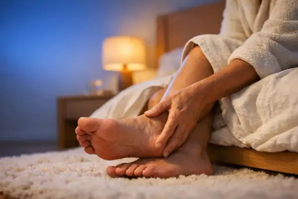 Una persona si massaggia i piedi, forse a causa di parestesie. La scena è ambientata in camera da letto, con luce soffusa.