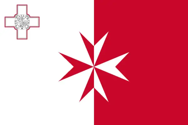 Flaga Malty: biało-czerwona z krzyżem maltańskim i herbem.