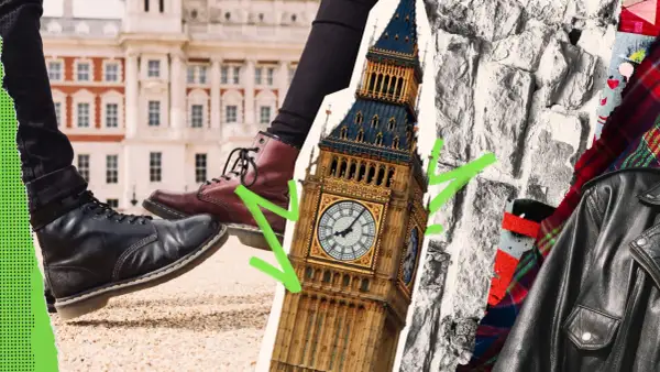 A collage capturing the london aesthetic: boots, Big Ben, stone wall, and a leather jacket.