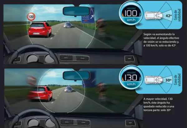 La velocidad influye en el campo visual del conductor. A 100 km/h, el cono de visibilidad es de 42°, y a 130 km/h, se reduce a 30°.