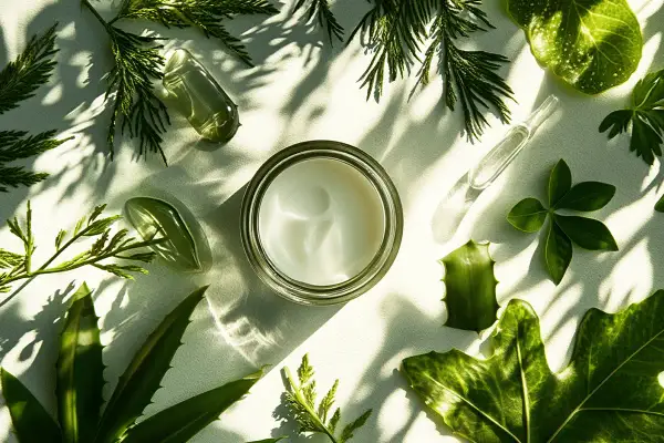 Crema blanca en un frasco rodeada de hojas verdes y ramas. Un concepto de **cosmética sostenible** que evoca frescura y naturaleza.