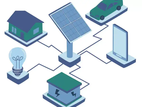 Ilustracja pokazuje, jak powstaje prąd: panel słoneczny zasila dom, samochód elektryczny, smartfon i żarówkę.