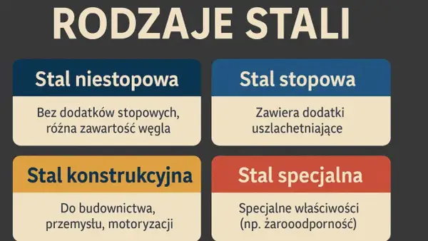 Rodzaje stali: niestopowa (bez dodatków), stopowa (z dodatkami), konstrukcyjna (do budowy) i specjalna (np. żaroodporna).