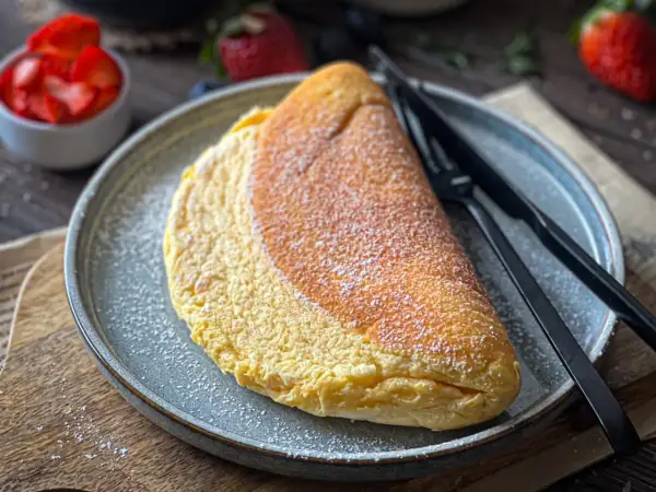 Puszysty omlet na talerzu, posypany cukrem pudrem, obok widelca i noża.