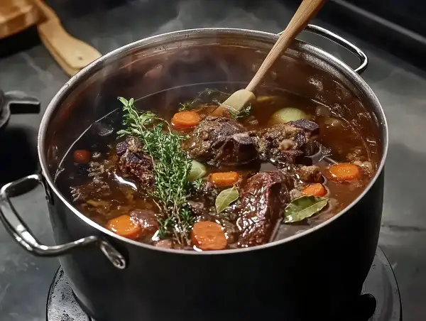 En stor gryta med kött, morötter och örter som puttrar. Det ser ut som att någon ska koka kalkon eller en mustig gryta.