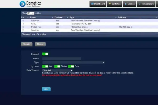 Interface Domoticz pour configurer des appareils connectés. On y voit des entrées comme "Weather" et "Philips Hue", utiles pour installer domoticz.