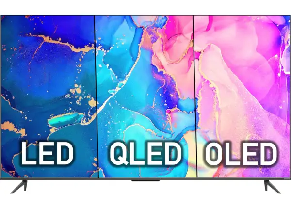Trzy panele telewizora z abstrakcyjnym wzorem w kolorach niebieskim, turkusowym i różowym, z napisami LED, QLED, OLED.