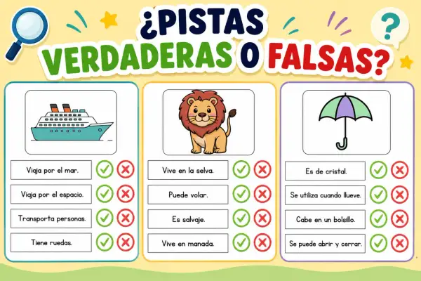 Un juego de pistas preparado con un barco, un león y un paraguas. Los niños deben decidir si las afirmaciones sobre cada imagen son verdaderas o falsas.
