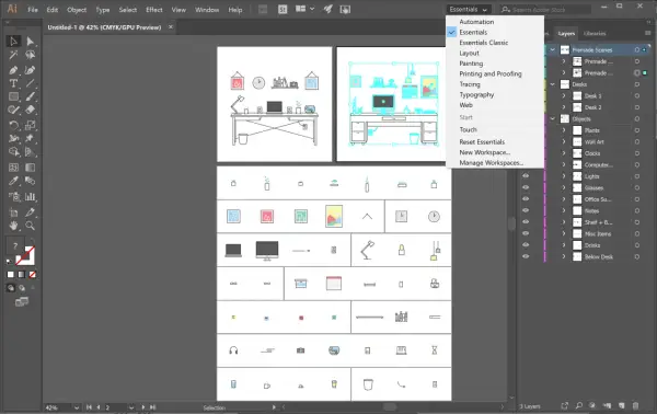 Projekt graficzny w formacie plik eps, zawierający ikony biurka, lampy, komputera i innych przedmiotów. Widoczny jest panel "Essentials" w programie Adobe Illustrator.