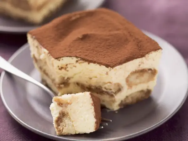Ein Stück cremiges Tiramisu ohne Zucker, bestäubt mit Kakao, auf einem Teller mit einer Gabel.