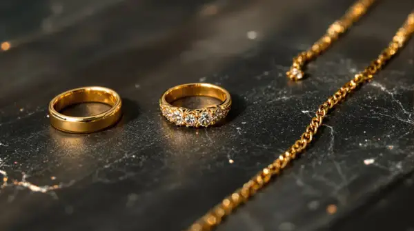 Anillos de oro 375, que significa 9 quilates, y una cadena dorada sobre fondo oscuro.