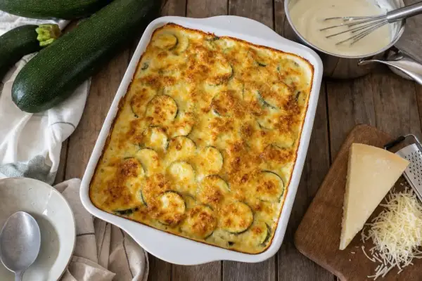 Un plat de gratin de courgettes doré et appétissant, prêt à être dégusté. Des courgettes fraîches, une béchamel crémeuse et du fromage râpé pour un délice.