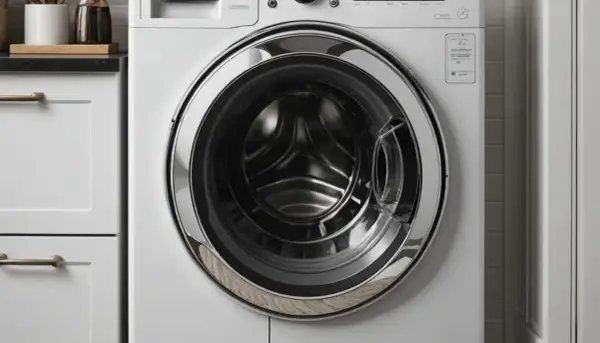 Nowa pralka Whirlpool z błędem F05. Nowoczesny design, chromowany bęben i eleganckie uchwyty szafek.