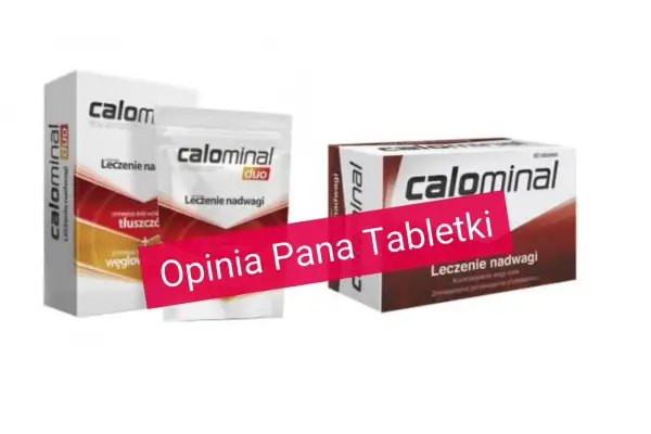 Opakowania suplementu Calominal na odchudzanie, w tym pudełko i saszetka.