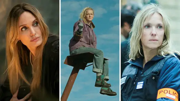 Tre kvinnor i filmer med Angelina Jolie. En sitter på en stolpe och visar finger, en annan är polis.
