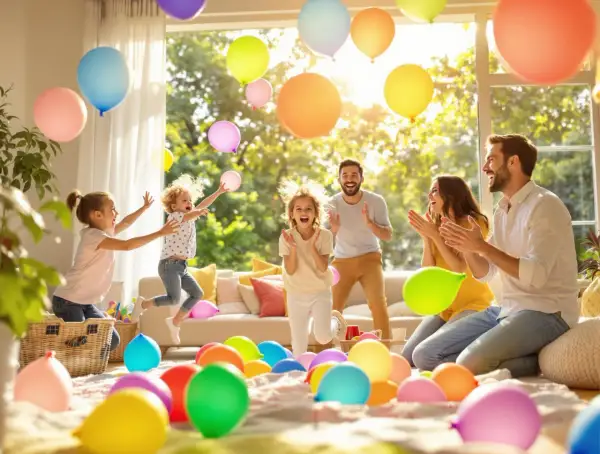 Radosna rodzina świętuje, dzieci skaczą wśród kolorowych balonów, jakby brały udział w wyścigu balonów.
