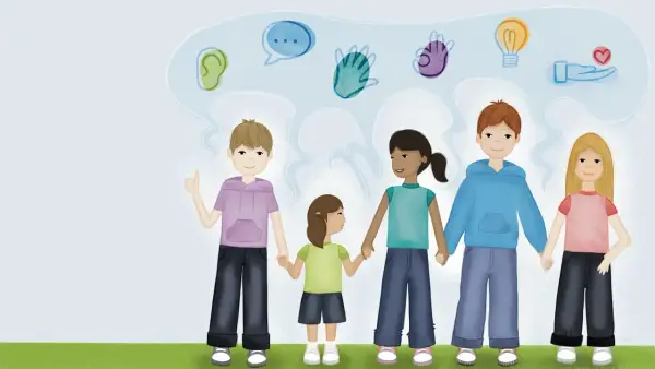 Vijf kinderen houden elkaars hand vast, met symbolen van communicatie en begrip boven hun hoofd. Ze leren over omgaan met mensen.