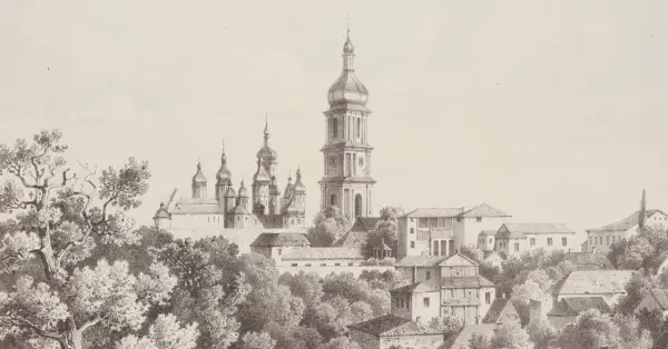 Dawny widok Kijowa z cerkwiami i wieżą. Ile lat ma Ukraina? Tysiące lat historii w tej rycinie.