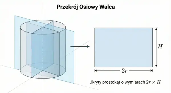 Przekrój osiowy walca jako prostokąt o bokach 2r i H.