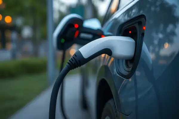Un connettore bianco è inserito nella porta di ricarica di un'auto elettrica, con luci rosse che indicano l'avvio della ricarica della batteria per veicoli elettrici.