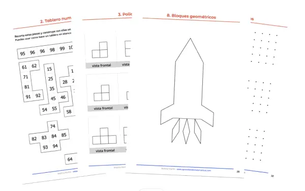 Tablero con números y dibujos para construir. Incluye piezas con números, vistas frontales de bloques y un cohete. Ideal para actividades de **dibujos con números**.