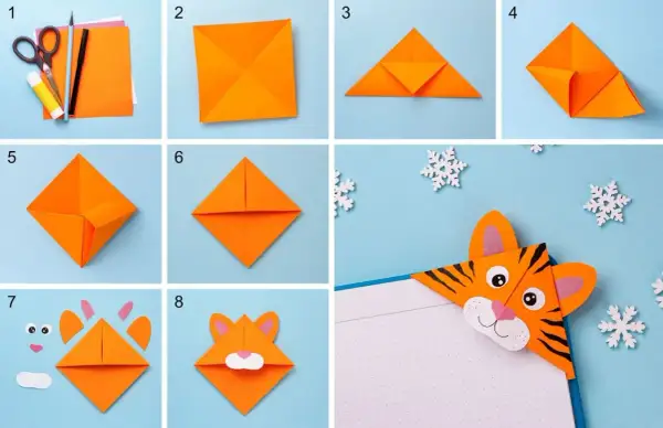 Tutorial per lavoretti per migliori amiche facili: crea un segnalibro tigre con origami. Passaggi 1-8 mostrano come piegare la carta e aggiungere i dettagli.