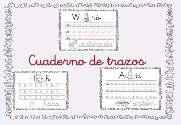 Cuaderno de trazos para grafomotricidad letras W, H y A. Ejercicios para practicar la escritura de vocales y consonantes.