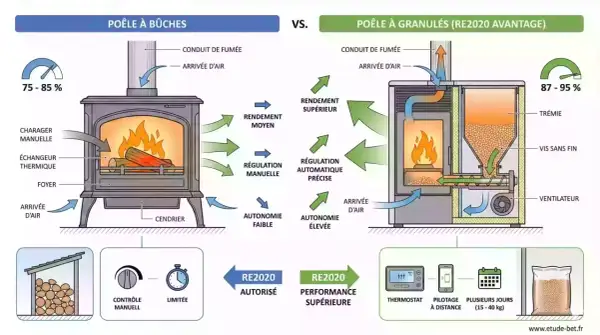Comparaison d'un poêle à bûches et d'un poêle à granulés, mettant en avant l'efficacité et l'autonomie du poêle à granulés, une alternative moderne au poêle à bûches.
