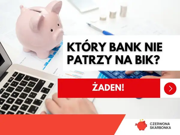 Kredyt bez historii kredytowej? Żaden bank nie patrzy na BIK, bo to niemożliwe. Świnka skarbonka i laptop sugerują finansowe rozterki.