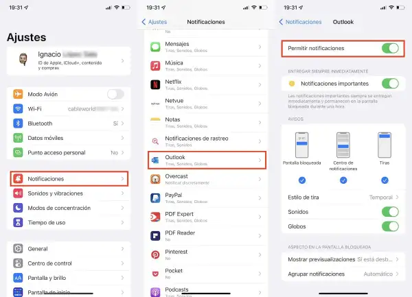 Jak wyciszyć powiadomienia iPhone: w Ustawieniach wybierz Powiadomienia, a następnie Outlook. Wyłącz "Pozwól na powiadomienia".