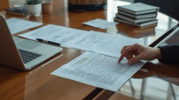 Dłoń pracownika wskazuje na dokument, analizując obowiązki pracodawcy. Obok laptop i stos książek.