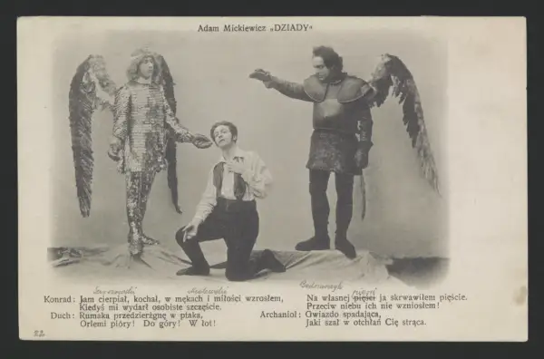 Gustaw klęczy przed aniołem i rycerzem. Scena z "Dziadów" Adama Mickiewicza.
