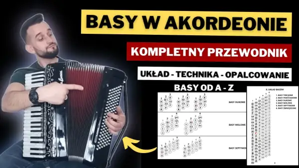 Akordeonista pokazuje układ basów w akordeonie, wyjaśniając różne rodzaje basów, np. basy durowe, molowe i septymowe.