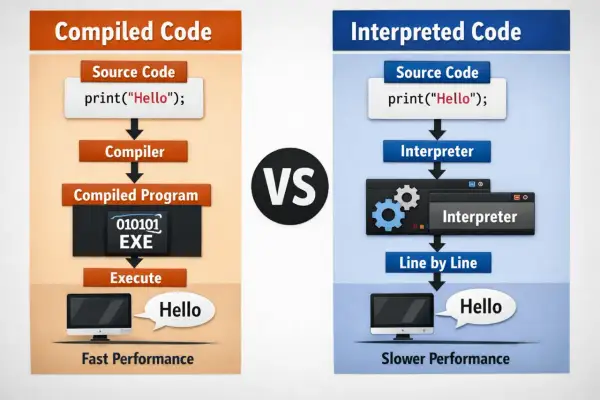Comparaison entre code compilé et code interprété. Le langage interprété exécute le code ligne par ligne, offrant une flexibilité accrue.
