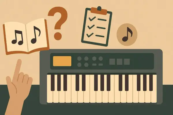 Ręka wskazuje na nuty w książce obok instrumentów klawiszowych. Czy to początek nauki gry?