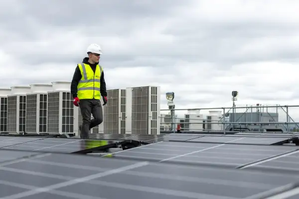 Pracownik w kamizelce odblaskowej przechodzi obok rzędu klimatyzatorów na dachu, gdzie instalowane są panele słoneczne. sofar solar polska.