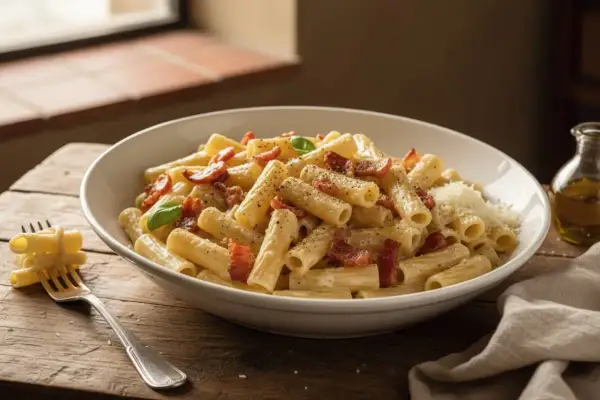 Un piatto di pasta alla gricia fumante, con guanciale croccante e pecorino, pronto per essere gustato.