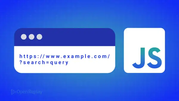 Une fenêtre de navigateur affiche une URL avec un paramètre de recherche, à côté du logo JavaScript.