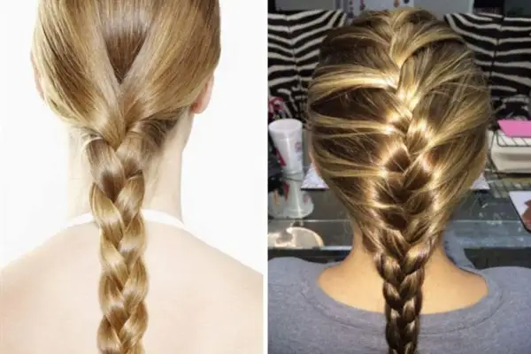 Due splendide trecce alla francese, una bionda su sfondo bianco e l'altra castana con riflessi dorati, mostrano la loro eleganza.